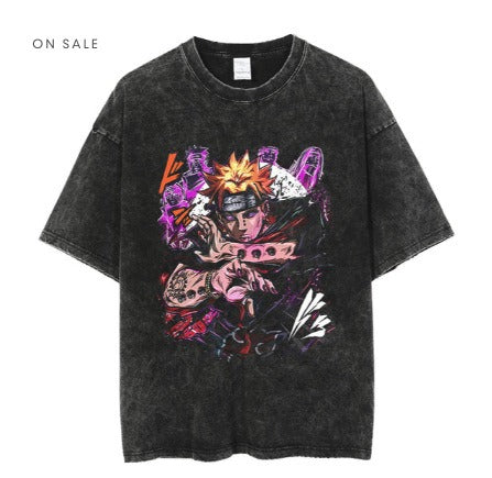 Anime cartoon wash and distressed men's short sleeved short T