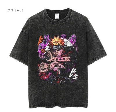 Anime cartoon wash and distressed men's short sleeved short T