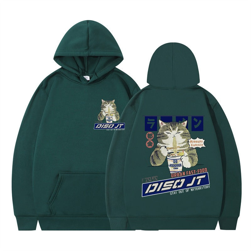 Autumn and Winter Cat Eating Noodle Anime Hoodie