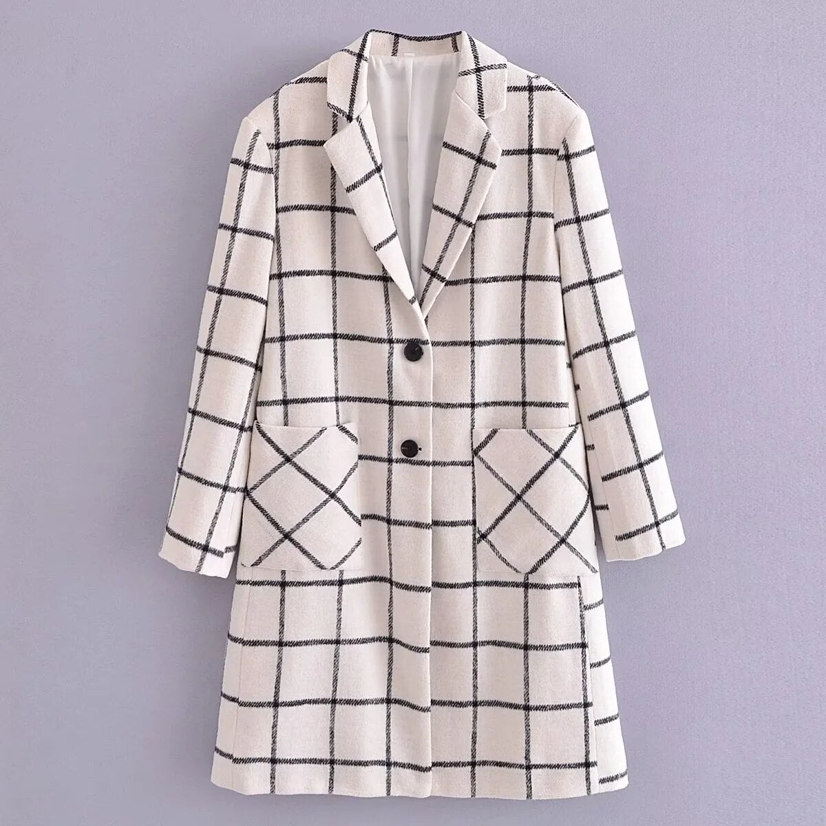 Woman Woolen Lattice Long Coat Fashion Single Breasted Turn Down Collar Coat Causal Long Sleeve Female Overcoat