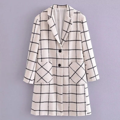 Woman Woolen Lattice Long Coat Fashion Single Breasted Turn Down Collar Coat Causal Long Sleeve Female Overcoat