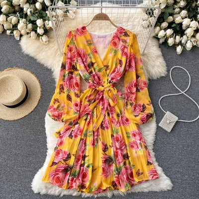 French Floral Dress Women Spring Autum Sexy V-neck Tie Ruffle Chiffon Boho Dress Woman Sweet Pleated Bandage Dress Long Robe