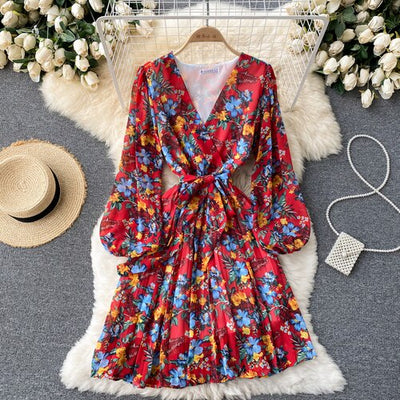 French Floral Dress Women Spring Autum Sexy V-neck Tie Ruffle Chiffon Boho Dress Woman Sweet Pleated Bandage Dress Long Robe