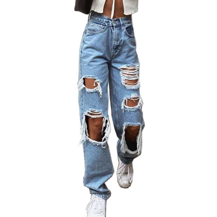 Sexy Summer Ripped Jeans Woman High Waist Holes Destroyed Broken Wide Pants Vintage Female Denim Trousers Distressed Designer
