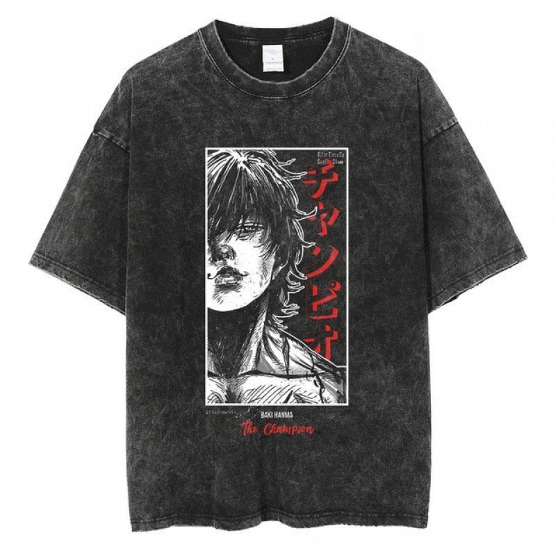 Anime cartoon wash and distressed men's short sleeved short T