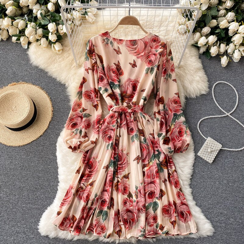 French Floral Dress Women Spring Autum Sexy V-neck Tie Ruffle Chiffon Boho Dress Woman Sweet Pleated Bandage Dress Long Robe