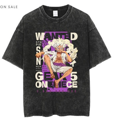 Anime cartoon wash and distressed men's short sleeved short T