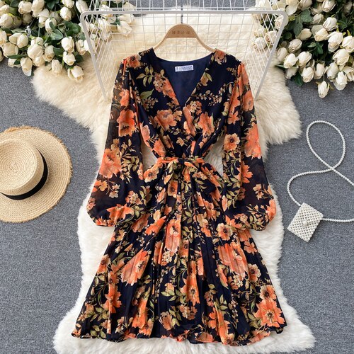 French Floral Dress Women Spring Autum Sexy V-neck Tie Ruffle Chiffon Boho Dress Woman Sweet Pleated Bandage Dress Long Robe