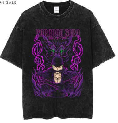 Anime cartoon wash and distressed men's short sleeved short T