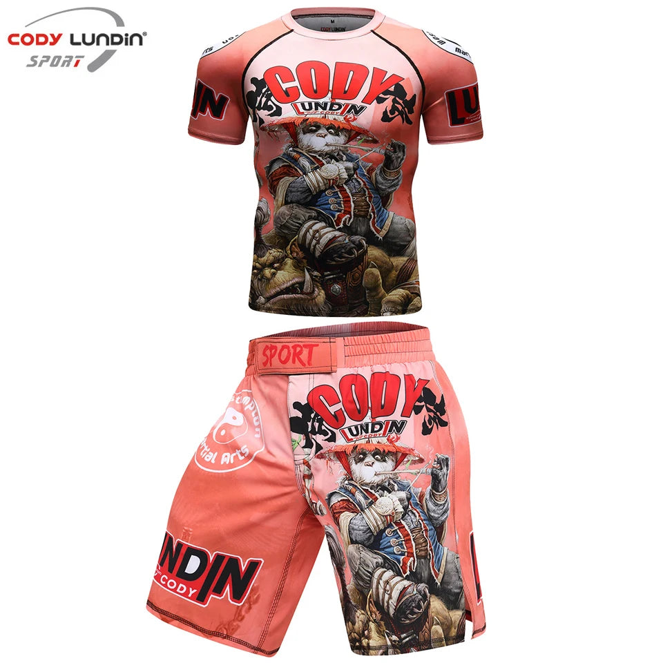 MMA T-Shirts + Muay Thai Shorts Sets Bjj Rashguard for Men Mma Shorts Kickboxing Boxing Clothes Compression Jiu Jitsu Gi T-Shirt