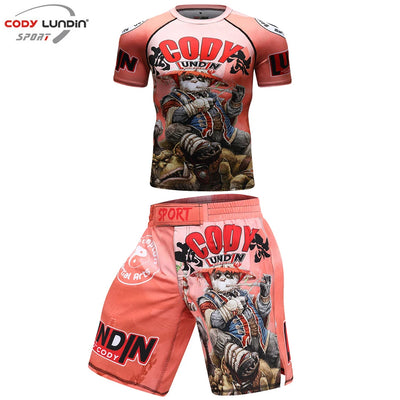 MMA T-Shirts + Muay Thai Shorts Sets Bjj Rashguard for Men Mma Shorts Kickboxing Boxing Clothes Compression Jiu Jitsu Gi T-Shirt