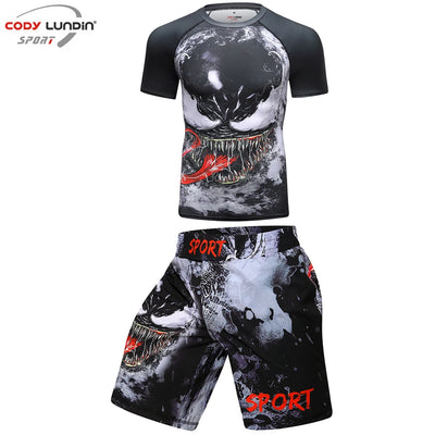 MMA T-Shirts + Muay Thai Shorts Sets Bjj Rashguard for Men Mma Shorts Kickboxing Boxing Clothes Compression Jiu Jitsu Gi T-Shirt