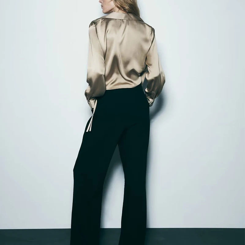 New Satin Cropped Blouses Women Top 2023 Fashion  Long Sleeve Shirt Woman Elegant Short Shirts Chic Tops