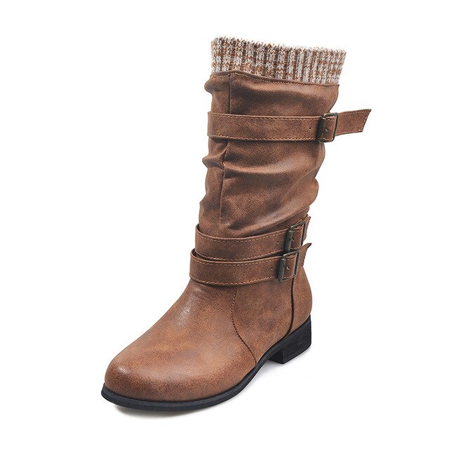 Women Winter Buckle Strap Pu Leather Chunky Heels Mid Calf Boots Woman Knitted Slip On Retro Boots Lady Casual Fashion Footwear