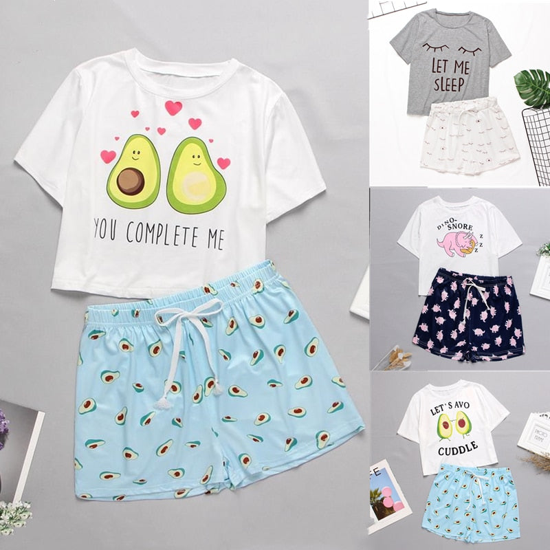 Cute Cartoon Pajamas Set for Woman Femme Sleepwear Summer O-neck Avocado Homewear Short Sleeve Two-Piece Lounge Pajama Sets
