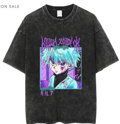 Anime cartoon wash and distressed men's short sleeved short T