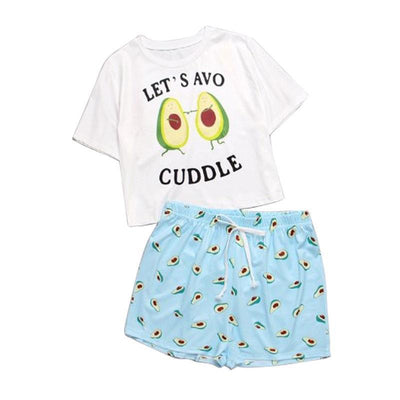 Cute Cartoon Pajamas Set for Woman Femme Sleepwear Summer O-neck Avocado Homewear Short Sleeve Two-Piece Lounge Pajama Sets