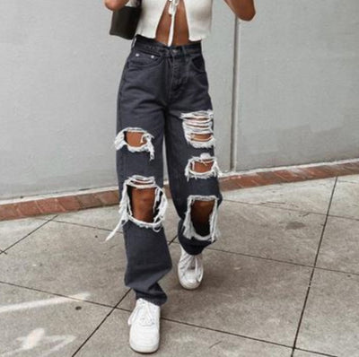 Sexy Summer Ripped Jeans Woman High Waist Holes Destroyed Broken Wide Pants Vintage Female Denim Trousers Distressed Designer