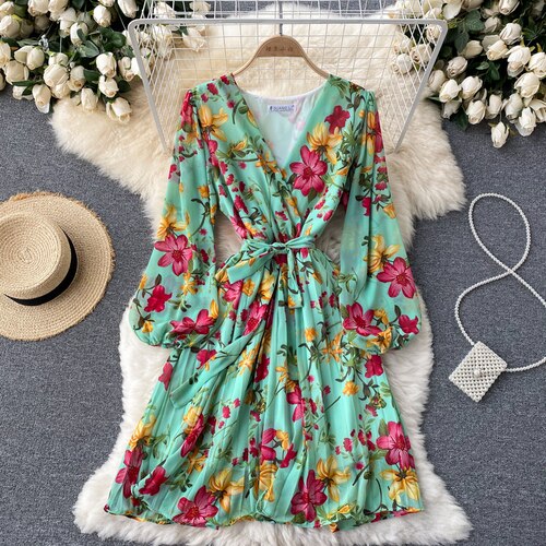 French Floral Dress Women Spring Autum Sexy V-neck Tie Ruffle Chiffon Boho Dress Woman Sweet Pleated Bandage Dress Long Robe