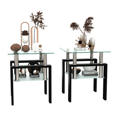 Set of 2, Modern Tempered Glass Tea Table Coffee Table End Table, Square Table for Living Room, Transparent/Black