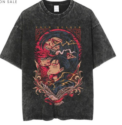 Anime cartoon wash and distressed men's short sleeved short T