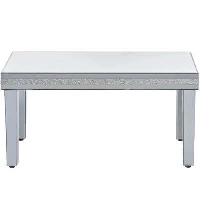 The ON-TRANS stylish modern glass mirrored coffee table features a crystal design and adjustable height legs in silver