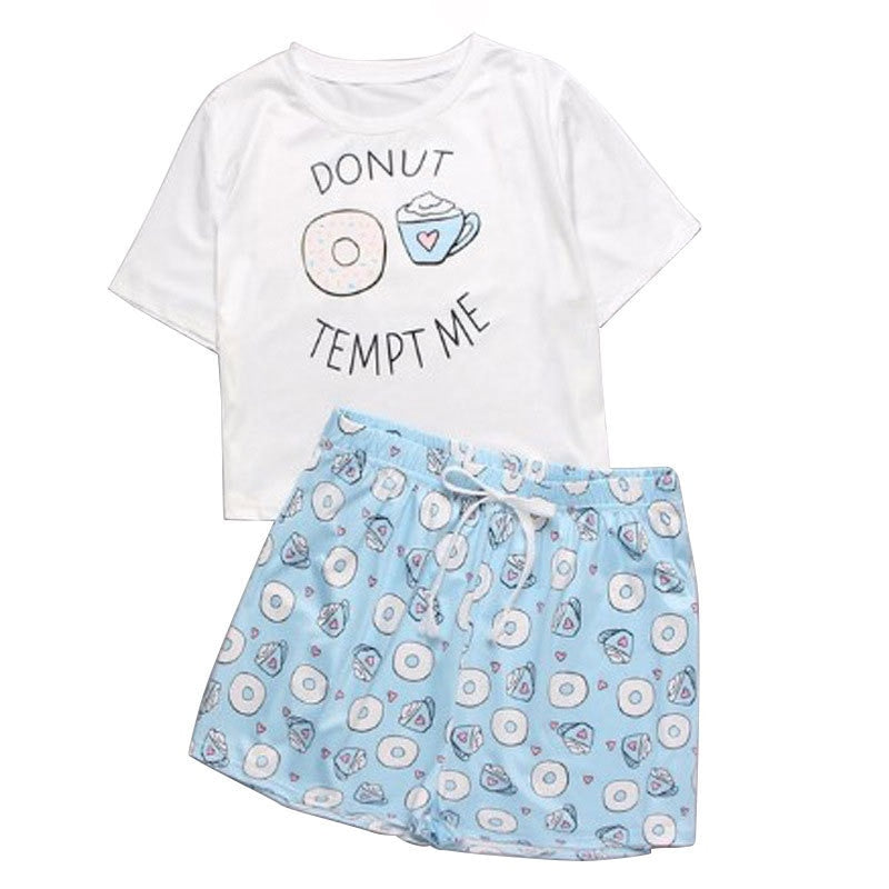 Cute Cartoon Pajamas Set for Woman Femme Sleepwear Summer O-neck Avocado Homewear Short Sleeve Two-Piece Lounge Pajama Sets