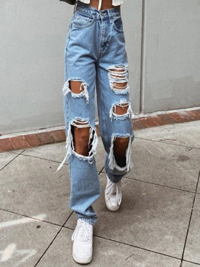 Sexy Summer Ripped Jeans Woman High Waist Holes Destroyed Broken Wide Pants Vintage Female Denim Trousers Distressed Designer
