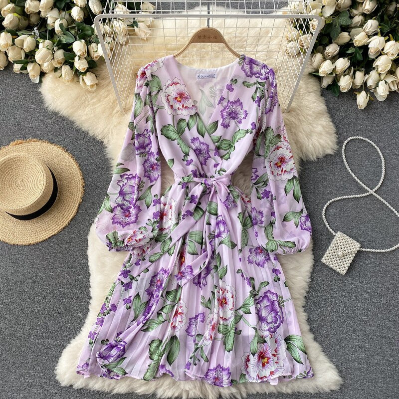 French Floral Dress Women Spring Autum Sexy V-neck Tie Ruffle Chiffon Boho Dress Woman Sweet Pleated Bandage Dress Long Robe