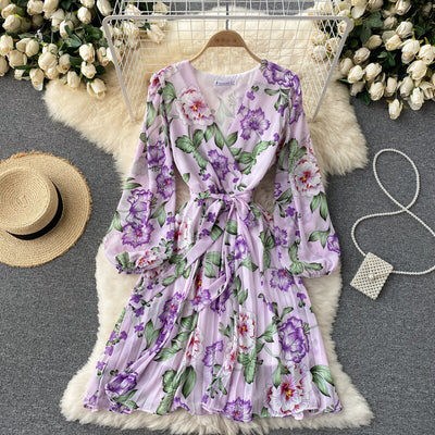 French Floral Dress Women Spring Autum Sexy V-neck Tie Ruffle Chiffon Boho Dress Woman Sweet Pleated Bandage Dress Long Robe