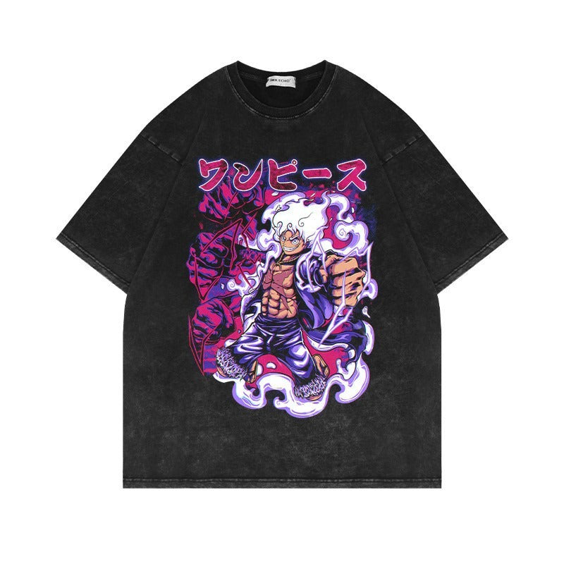 Anime cartoon wash and distressed men's short sleeved short T