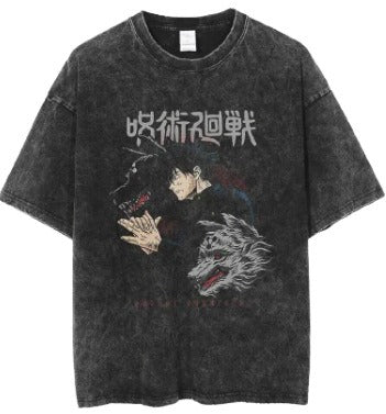 Anime cartoon wash and distressed men's short sleeved short T