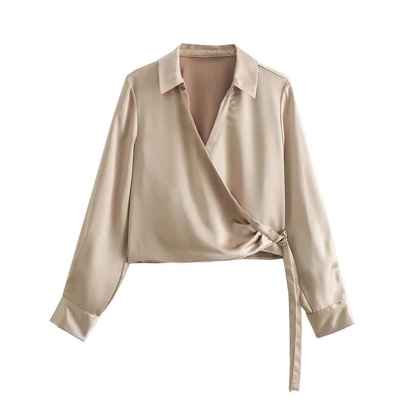 New Satin Cropped Blouses Women Top 2023 Fashion  Long Sleeve Shirt Woman Elegant Short Shirts Chic Tops