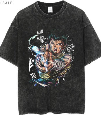 Anime cartoon wash and distressed men's short sleeved short T