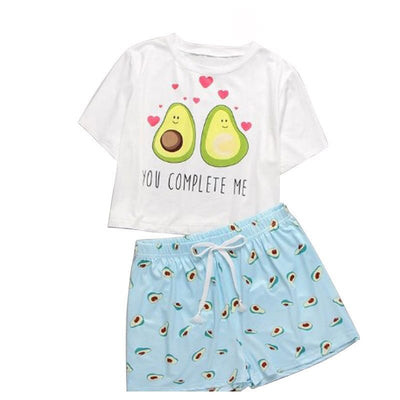 Cute Cartoon Pajamas Set for Woman Femme Sleepwear Summer O-neck Avocado Homewear Short Sleeve Two-Piece Lounge Pajama Sets