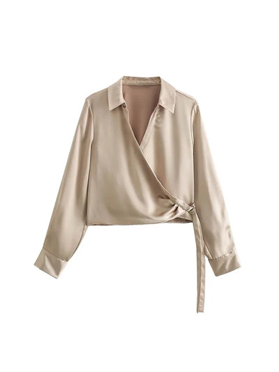 New Satin Cropped Blouses Women Top 2023 Fashion  Long Sleeve Shirt Woman Elegant Short Shirts Chic Tops