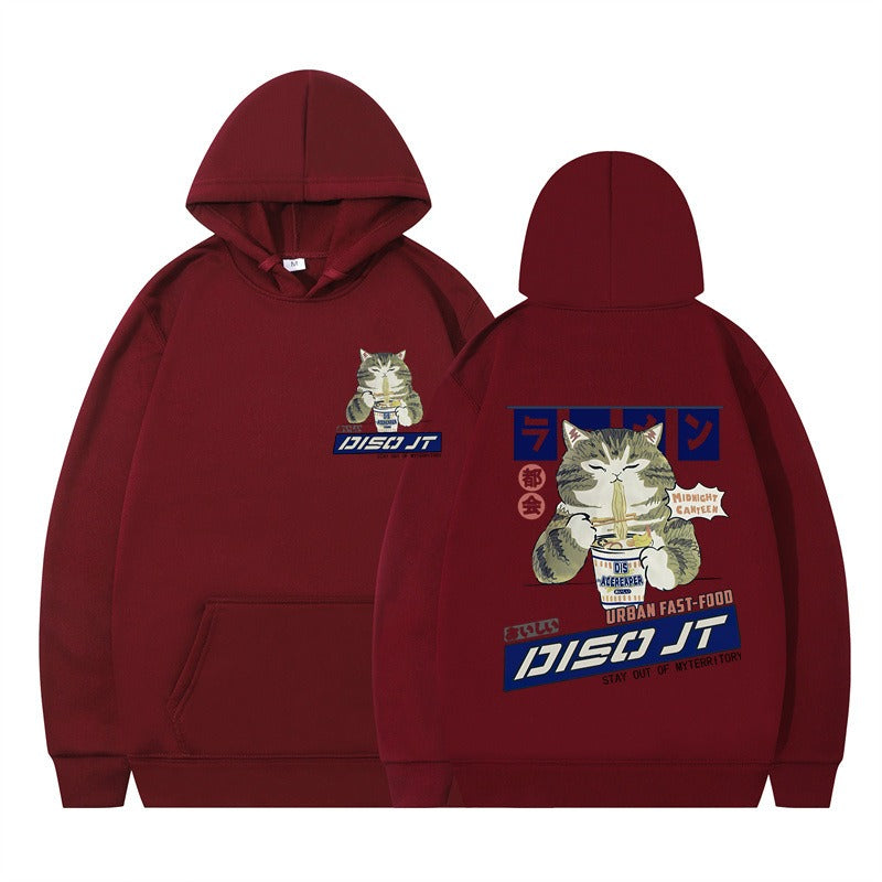Autumn and Winter Cat Eating Noodle Anime Hoodie