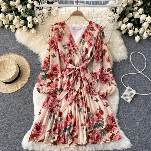 French Floral Dress Women Spring Autum Sexy V-neck Tie Ruffle Chiffon Boho Dress Woman Sweet Pleated Bandage Dress Long Robe