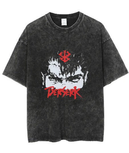Anime cartoon wash and distressed men's short sleeved short T