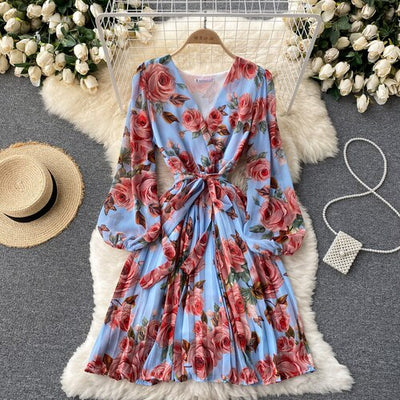 French Floral Dress Women Spring Autum Sexy V-neck Tie Ruffle Chiffon Boho Dress Woman Sweet Pleated Bandage Dress Long Robe