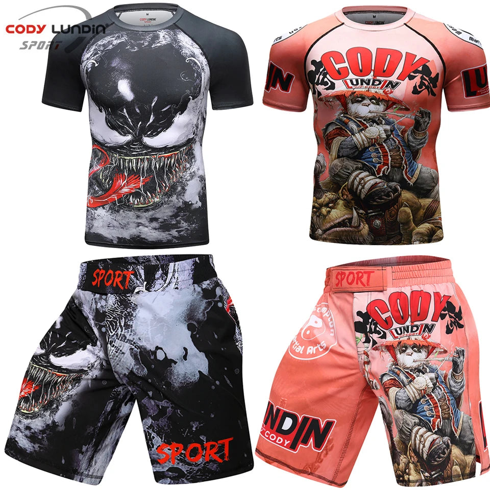 MMA T-Shirts + Muay Thai Shorts Sets Bjj Rashguard for Men Mma Shorts Kickboxing Boxing Clothes Compression Jiu Jitsu Gi T-Shirt