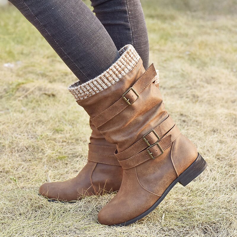 Women Winter Buckle Strap Pu Leather Chunky Heels Mid Calf Boots Woman Knitted Slip On Retro Boots Lady Casual Fashion Footwear