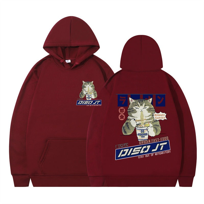 Autumn and Winter Cat Eating Noodle Anime Hoodie