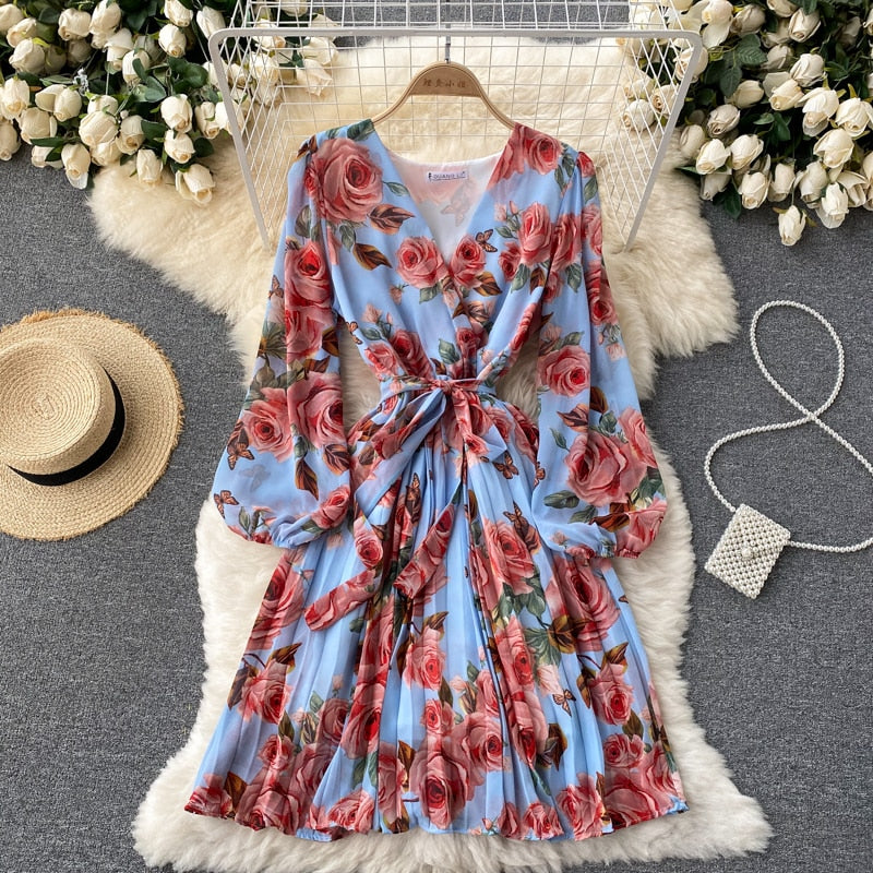 French Floral Dress Women Spring Autum Sexy V-neck Tie Ruffle Chiffon Boho Dress Woman Sweet Pleated Bandage Dress Long Robe