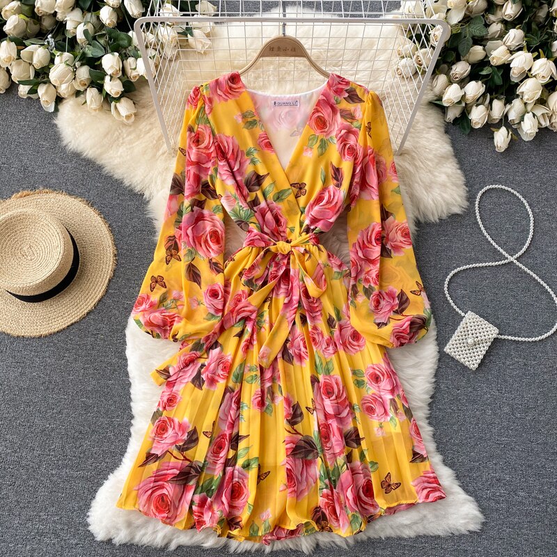 French Floral Dress Women Spring Autum Sexy V-neck Tie Ruffle Chiffon Boho Dress Woman Sweet Pleated Bandage Dress Long Robe