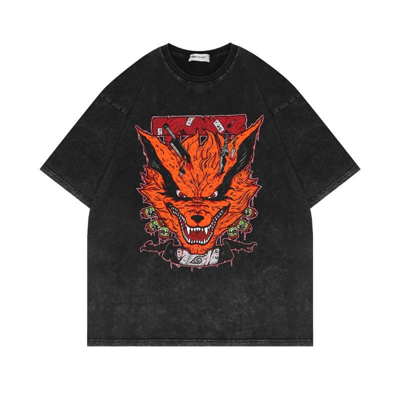 Anime cartoon wash and distressed men's short sleeved short T