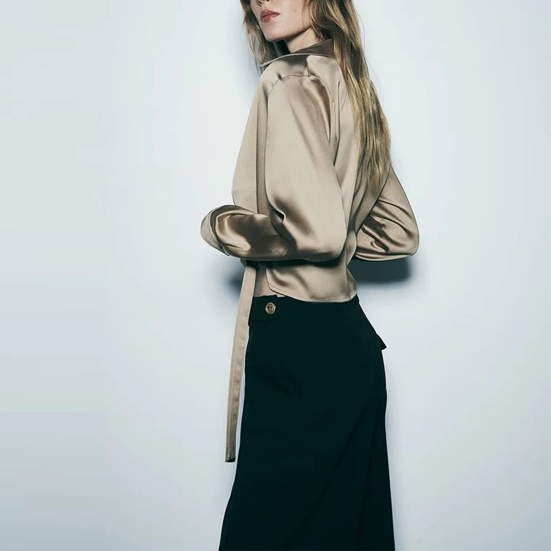 New Satin Cropped Blouses Women Top 2023 Fashion  Long Sleeve Shirt Woman Elegant Short Shirts Chic Tops