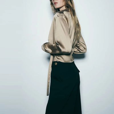 New Satin Cropped Blouses Women Top 2023 Fashion  Long Sleeve Shirt Woman Elegant Short Shirts Chic Tops