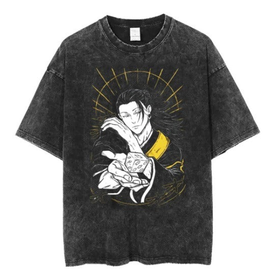 Anime cartoon wash and distressed men's short sleeved short T