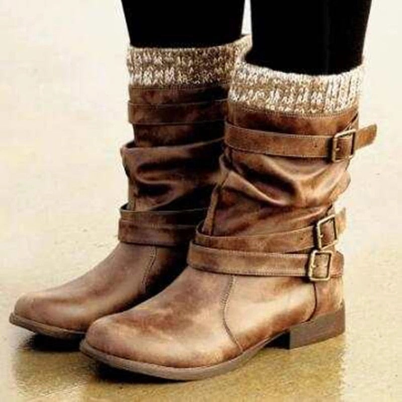 Women Winter Buckle Strap Pu Leather Chunky Heels Mid Calf Boots Woman Knitted Slip On Retro Boots Lady Casual Fashion Footwear